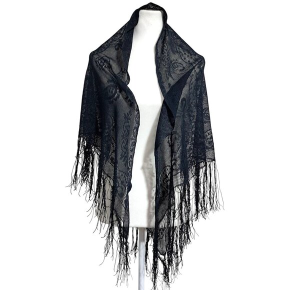 English Village Accessories - Vintage 1970s Black Lace Fringed Shawl English Village Japan Boho Goth Wrap